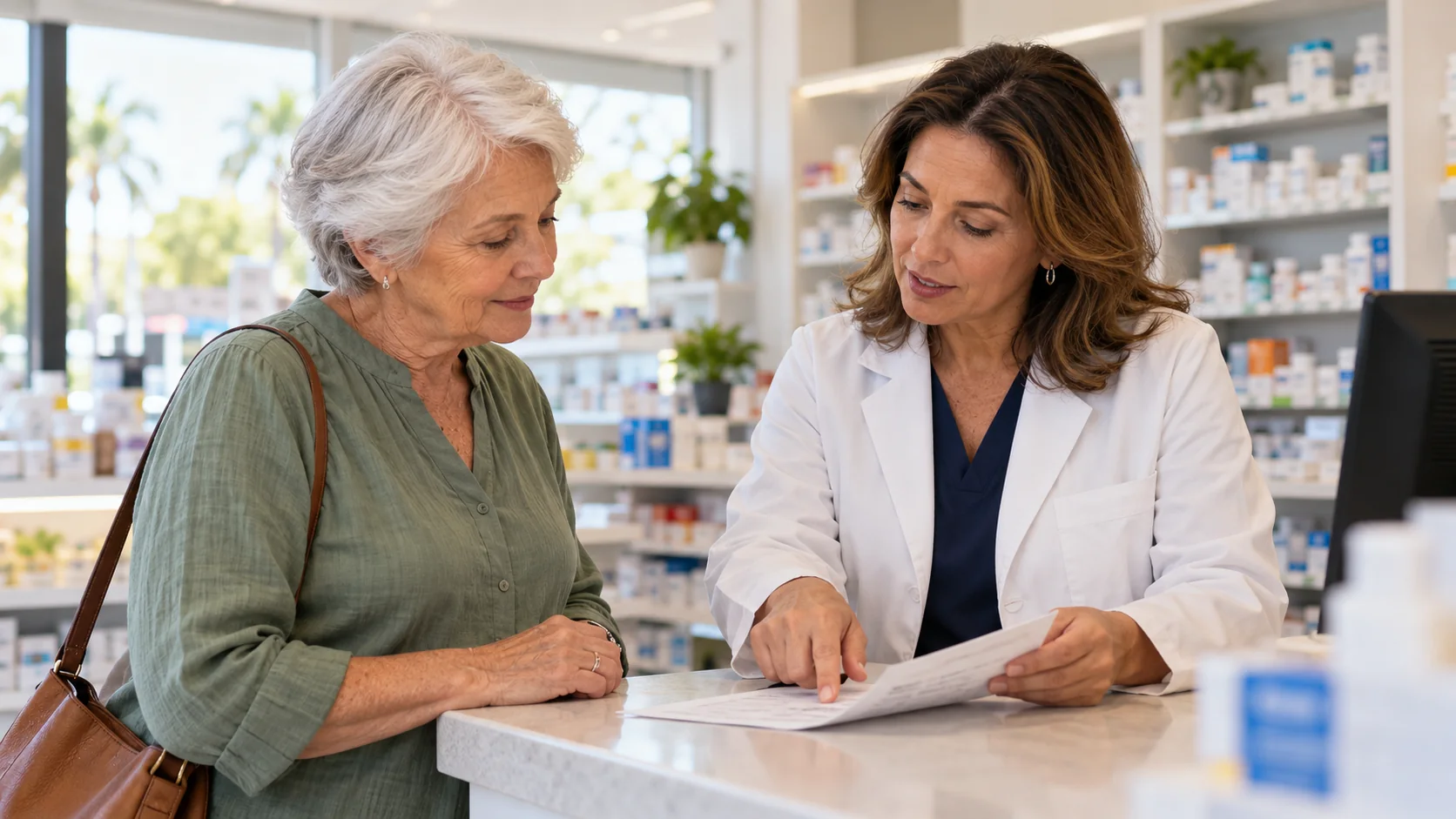 Older woman discussing a medication list with a pharmacist at a pharmacy counter.