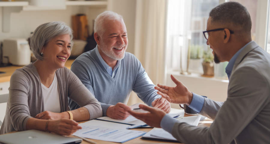 Smiling senior couple in Tampa reviewing Medicare plan options with a local insurance agent at their kitchen table, discussing budget-friendly healthcare choices