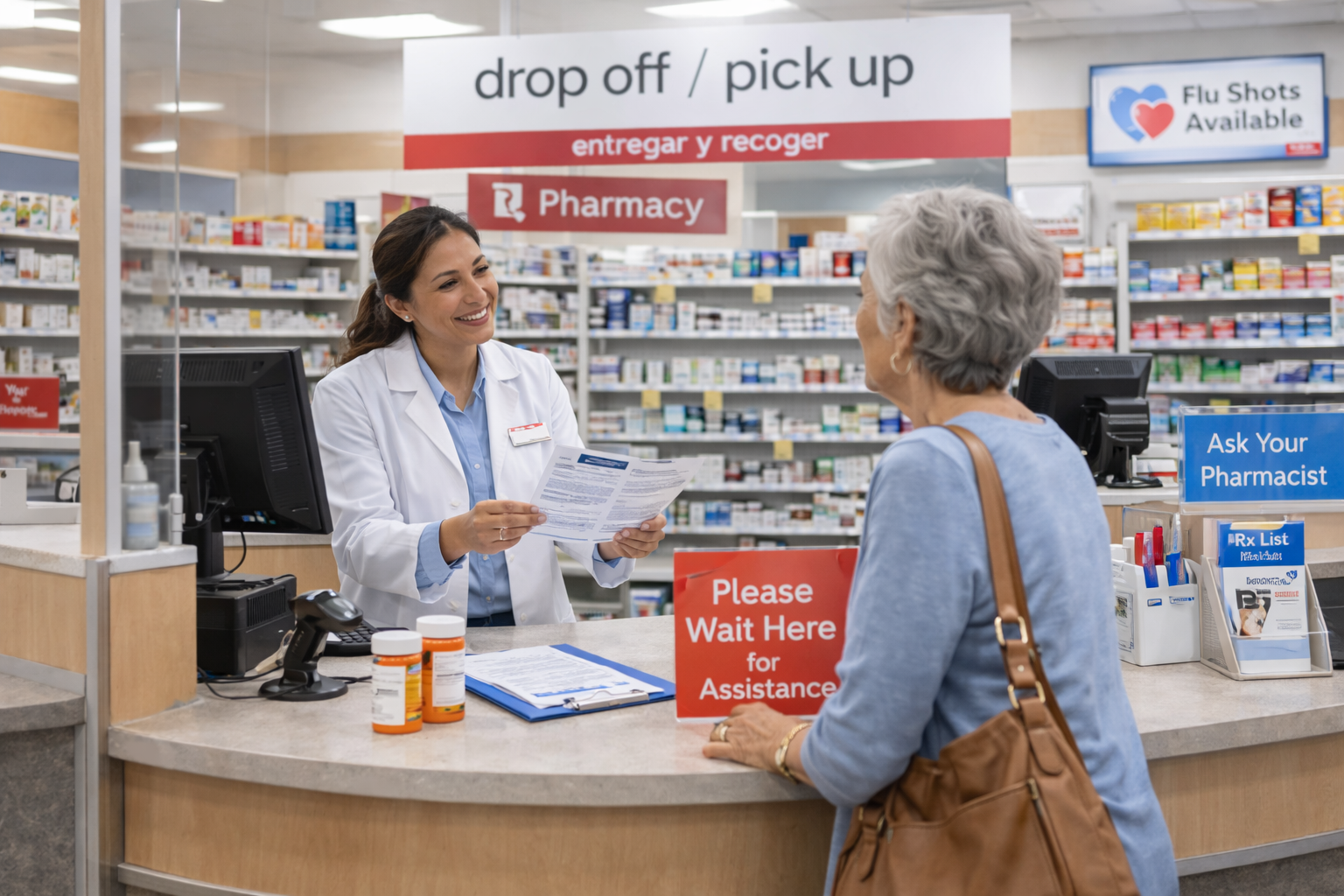 Elder woman on medicare picking up prescription medication at pharmacy