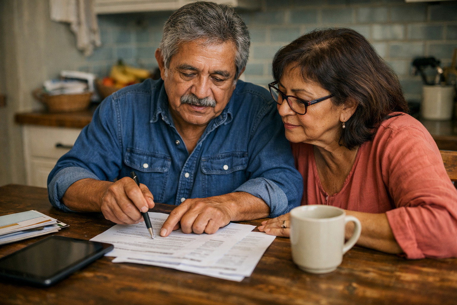 A senior Hispanic couple in Florida sitting at a kitchen table reviewing Medicare paperwork, exploring ways to maximize their Medicare benefits.