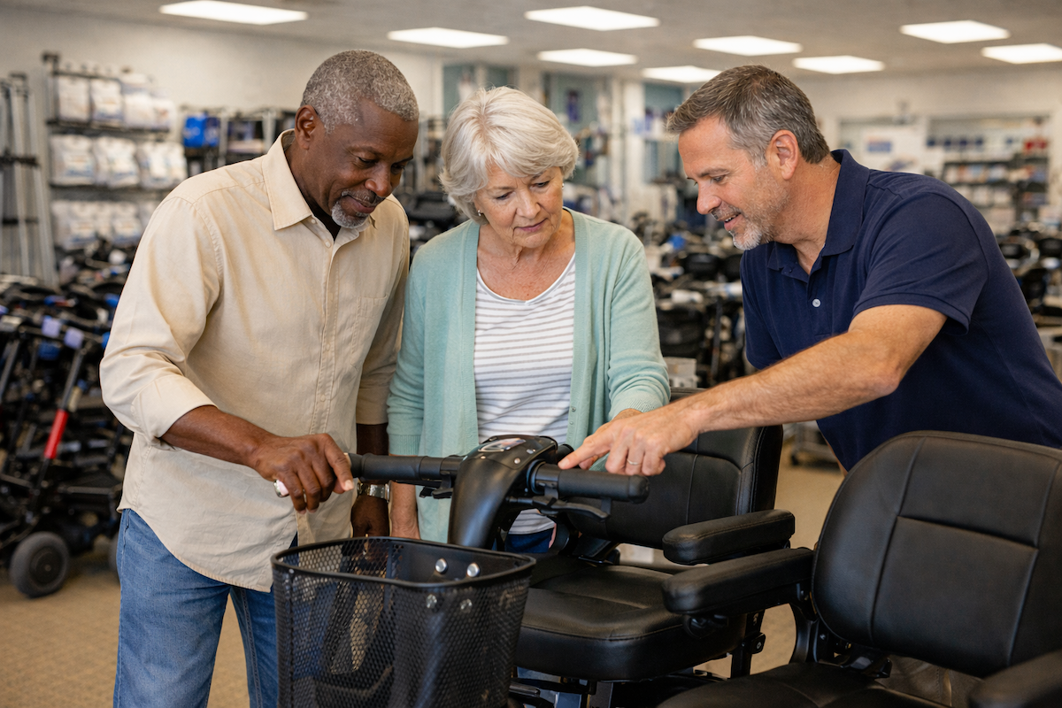 Older couple shopping for scooter at Medicare-enrolled supplier