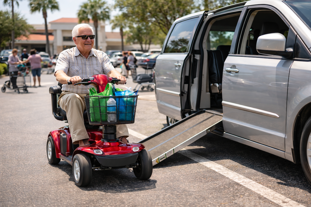 Older man in Florida driving a mobility scooter in shopping parking lot