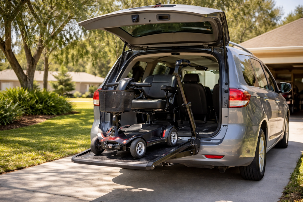 mobility scooter being loaded into the back of a gray minivan using a vehicle lift