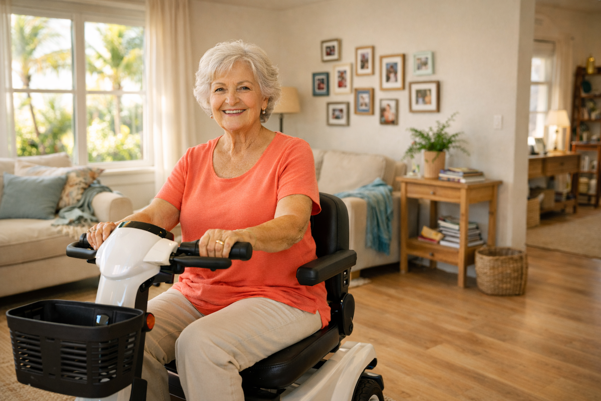 Senior woman comfortably using a mobility scooter inside her Florida home, representing independent senior mobility