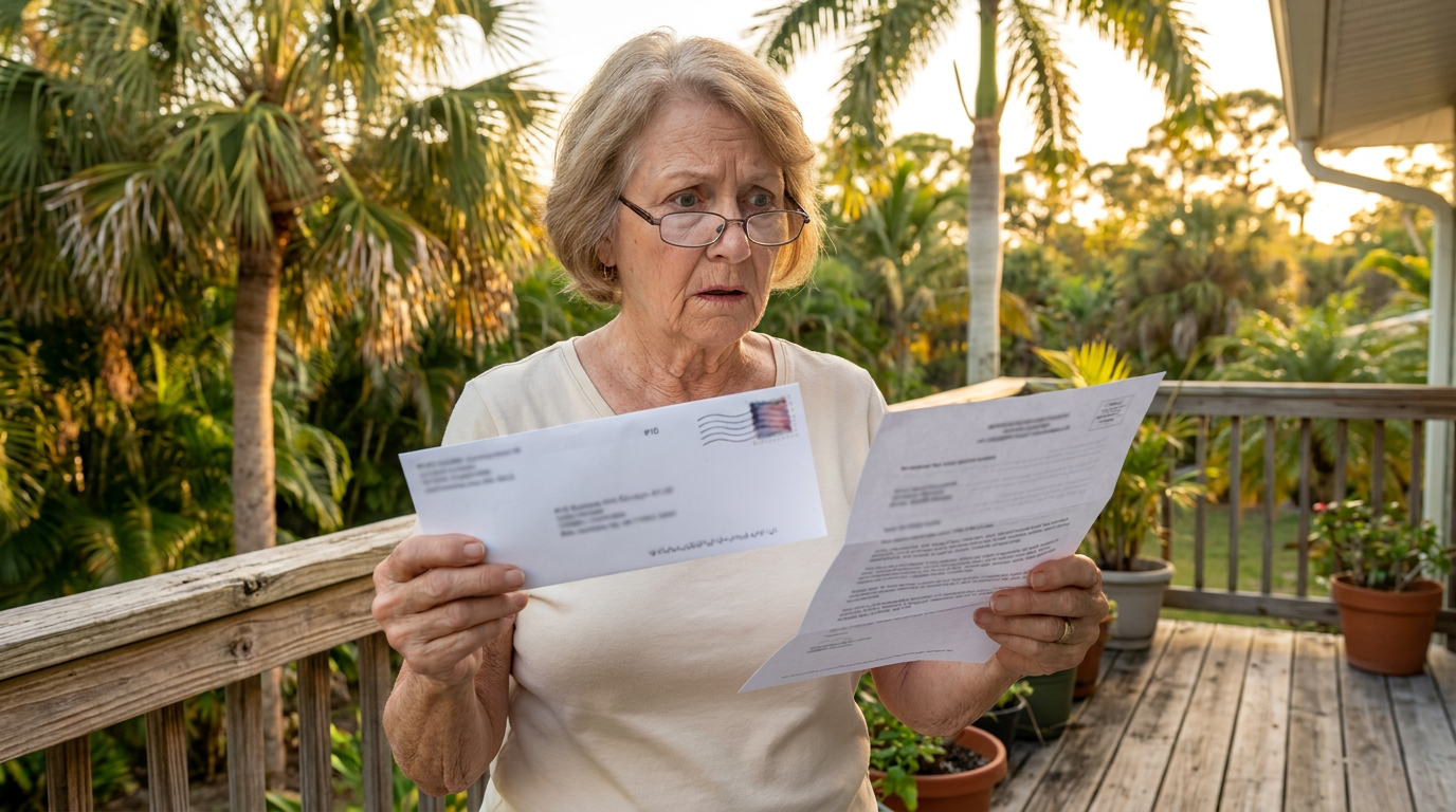 Elderly Florida woman on her back porch reading a letter with a worried expression, representing the rising Medigap premium increases affecting seniors — Medicare Information Project helps Florida residents find better coverage options.